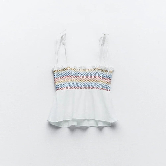 Zara Strappy Elasticized Smocked Top Rainbow Ecru NWT Size XS - Picture 4 of 10